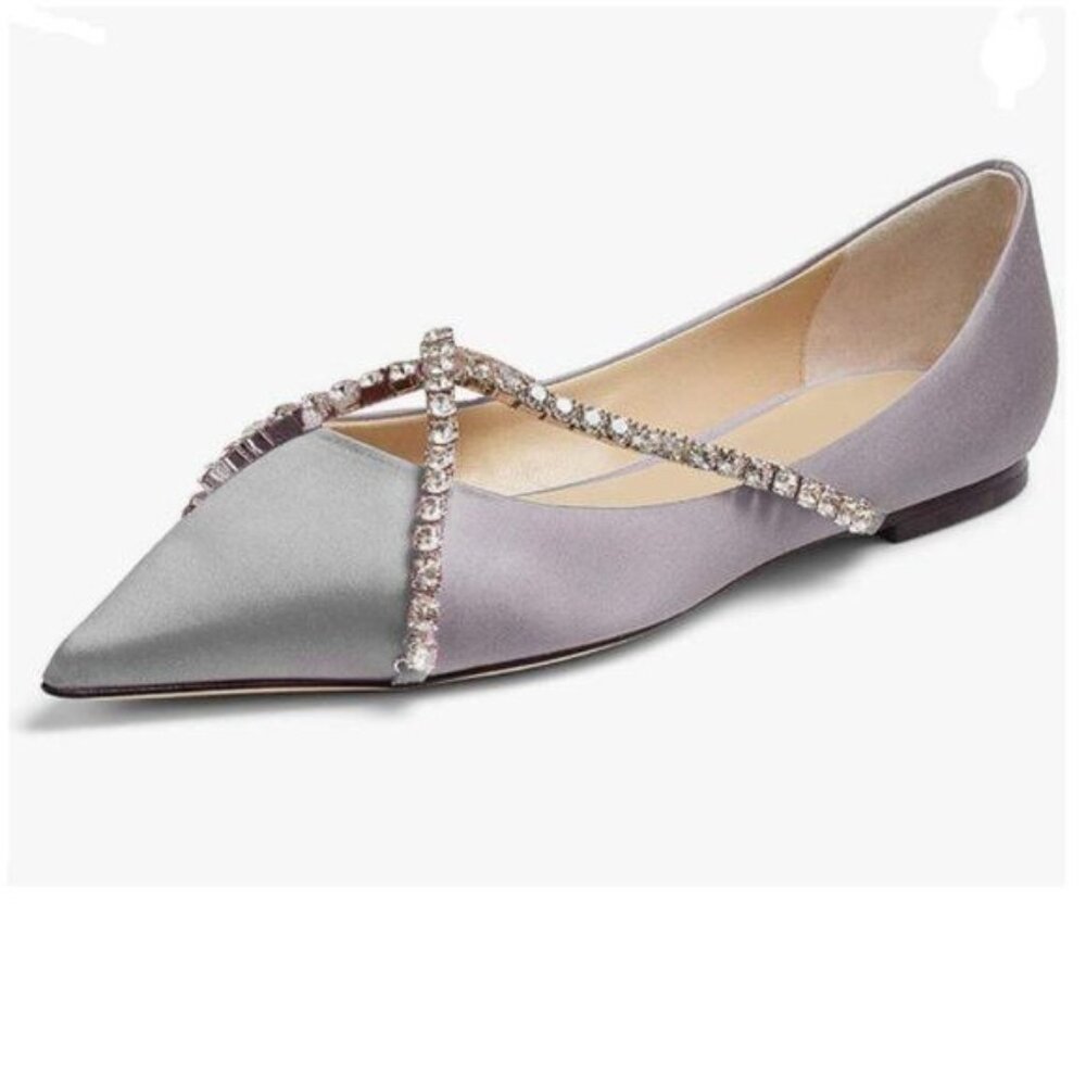 FSJ Grey Pointed Toe Ballet Flats Crystal Crossover Straps Slip On Walking Shoes
